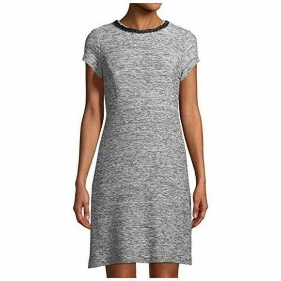 Karl Lagerfeld Tweed Dress Chain Neck Black White Sheath Short Sleeve Mi… - Picture 1 of 6